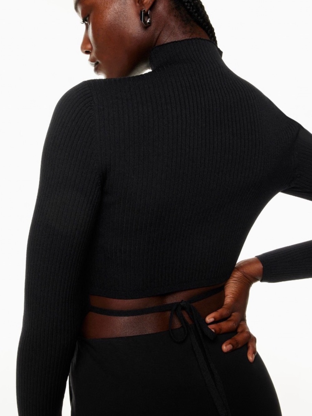 Babaton Black Ribbed Mock-Neck Cropped Sweater